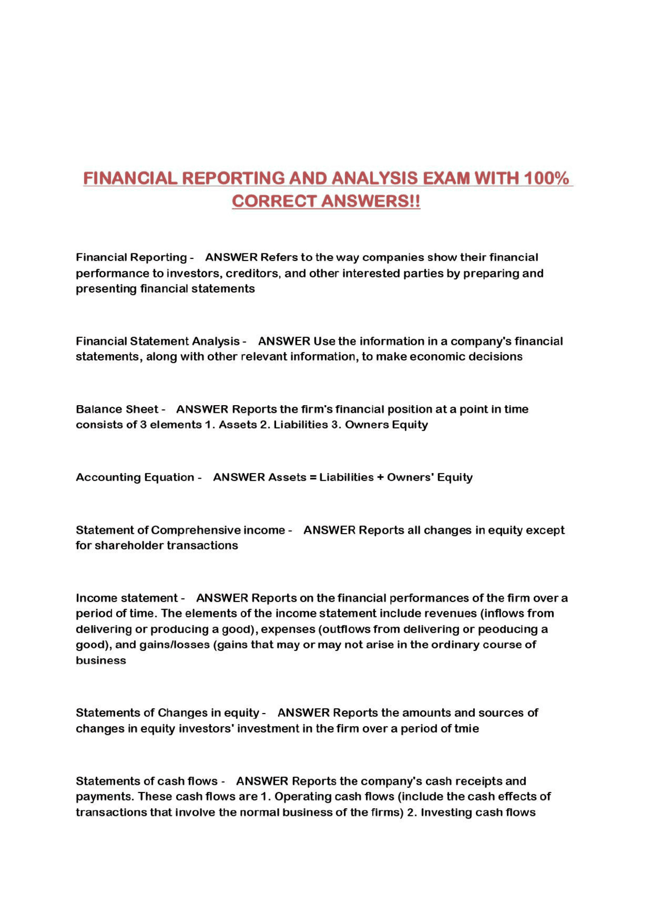 FINANCIAL REPORTING AND ANALYSIS EXAM WITH 100% CORRECT ANSWERS ...