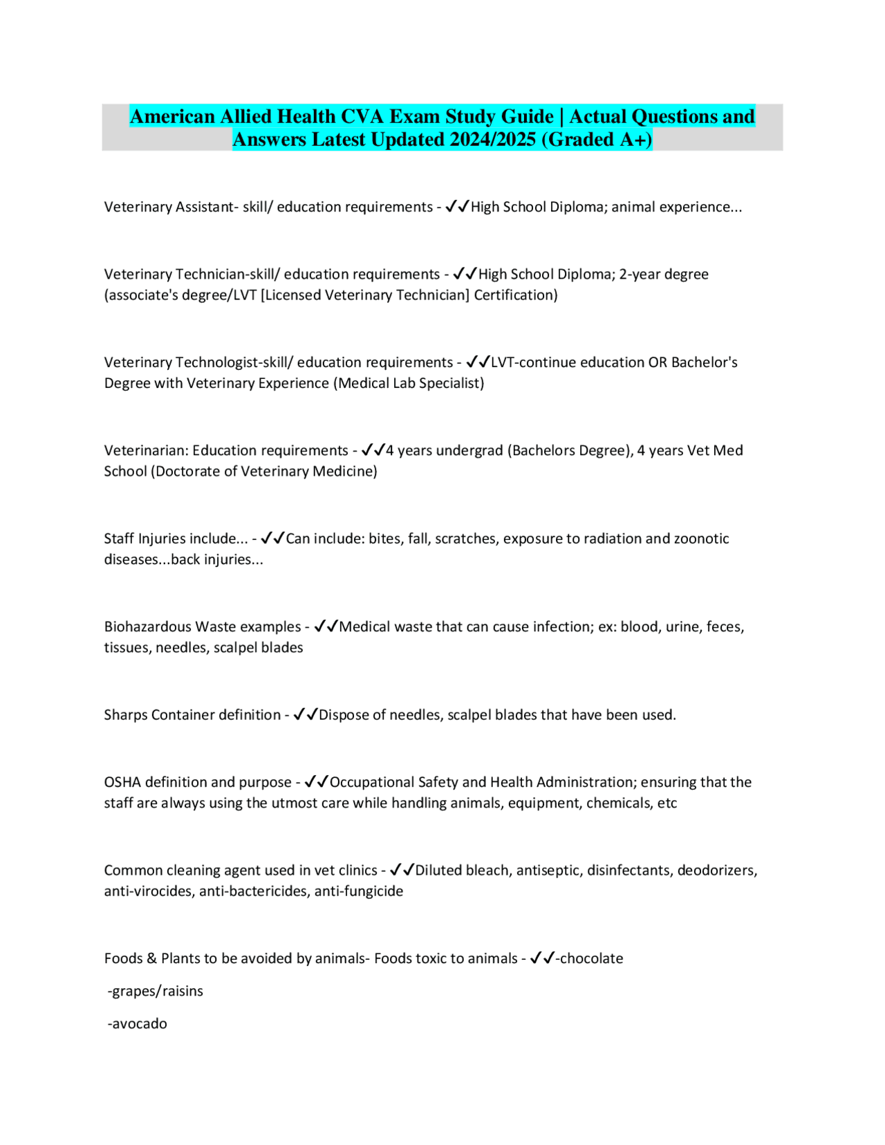 American Allied Health CVA Exam Study Guide | Actual Questions and ...