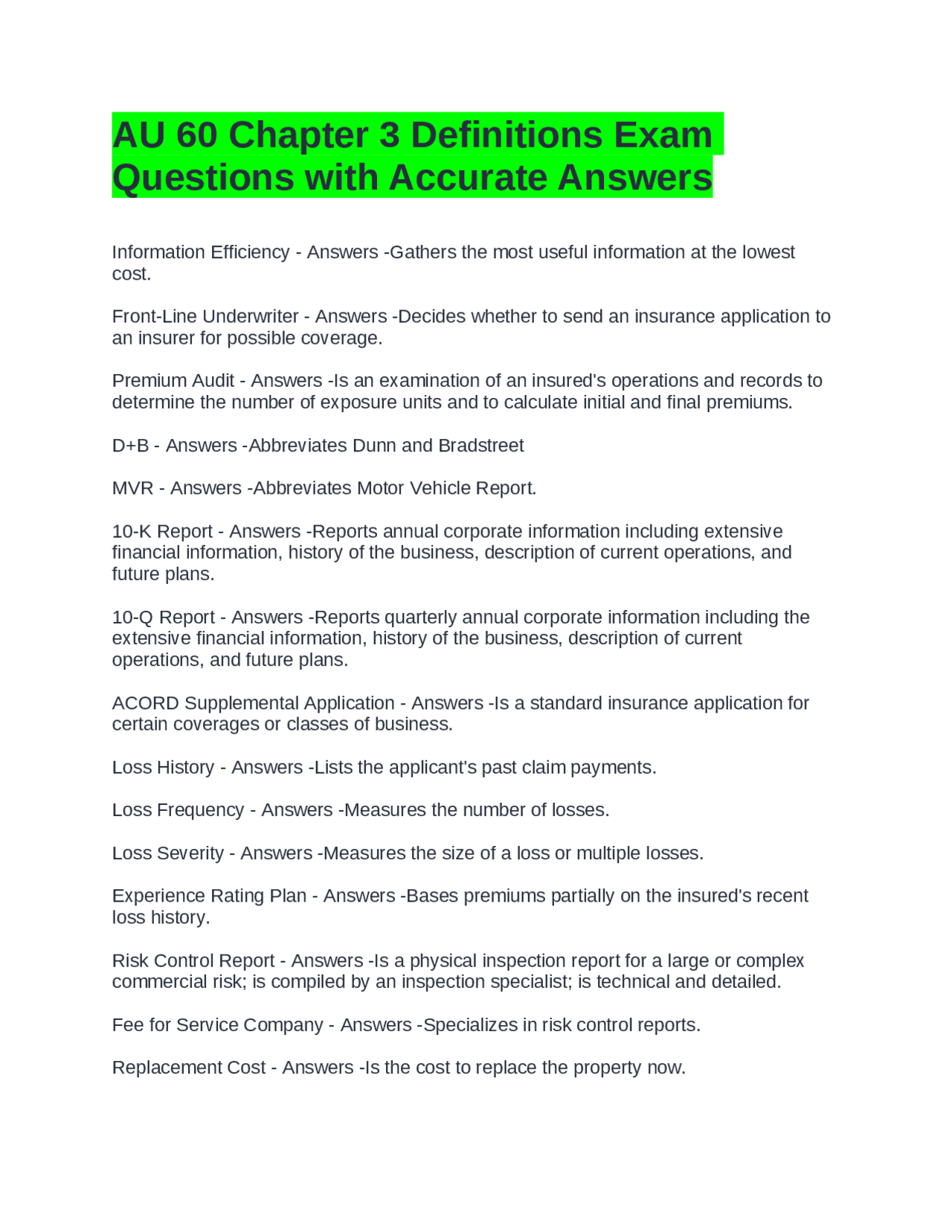 AU 60 Chapter 3 Definitions Exam: Questions with Accurate Answers ...