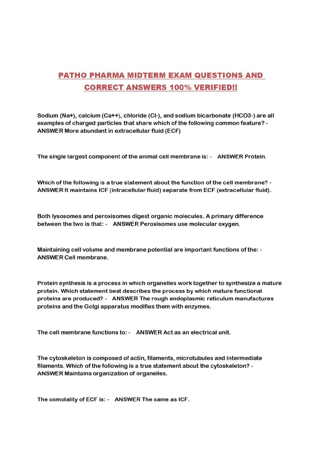 PATHO PHARMA MIDTERM EXAM QUESTIONS AND CORRECT ANSWERS 100% VERIFIED ...