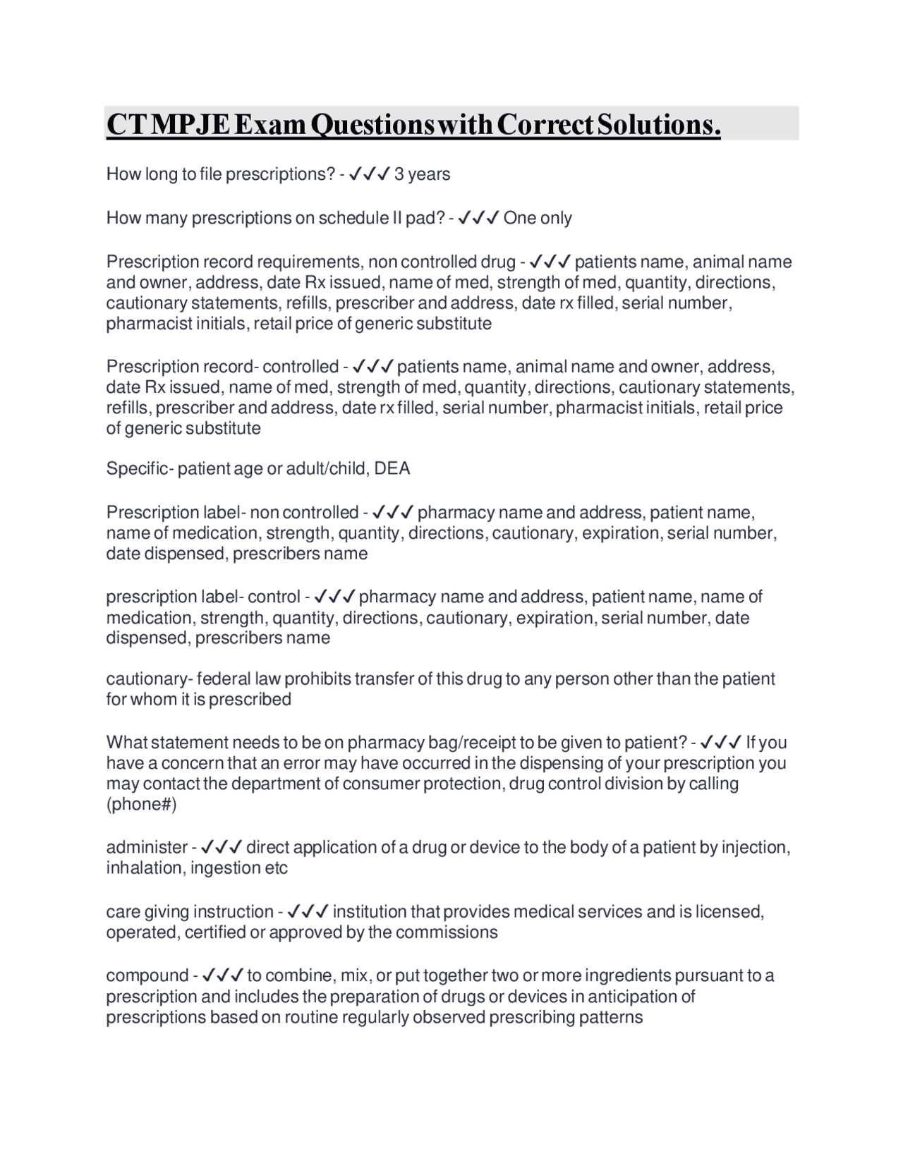 CT MPJE Exam Questions with Correct Solutions. | Exams Pharmacy | Docsity