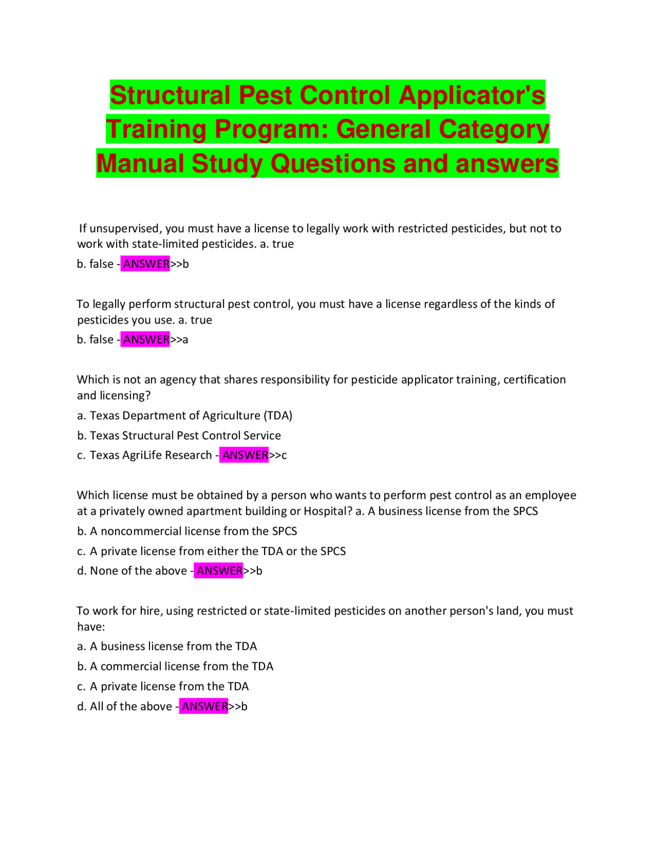 Structural Pest Control Applicator Training: General Category Study Guide | Exams Nursing | Docsity