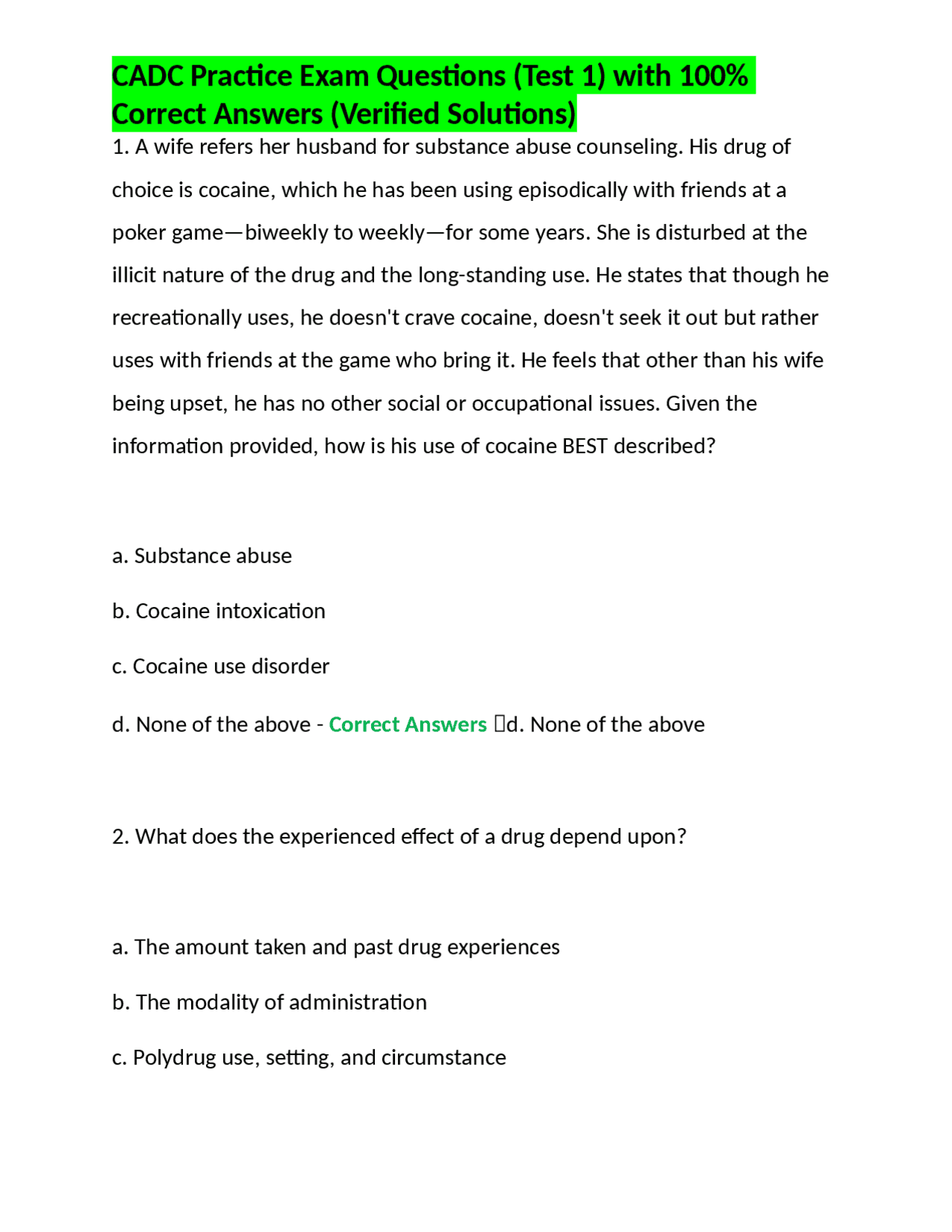 CADC Practice Exam Questions (Test 1) with 100% Correct Answers ...