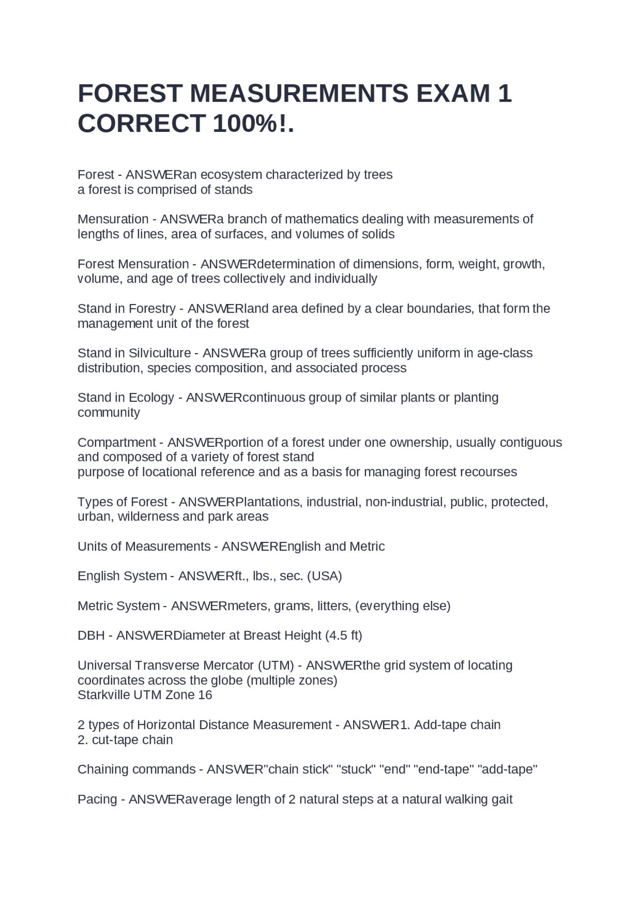 Forest Cast Computer Measurements FOREST MEASUREMENTS EXAM 1 CORRECT 100%!. | Exams Forestry | Docsity
