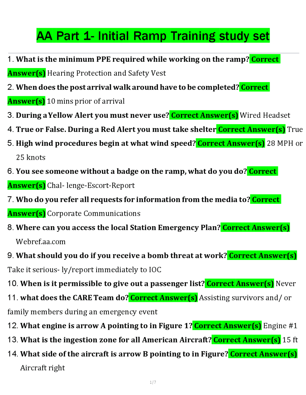 AA Part 1- Initial Ramp Training study set | Exams Production and ...