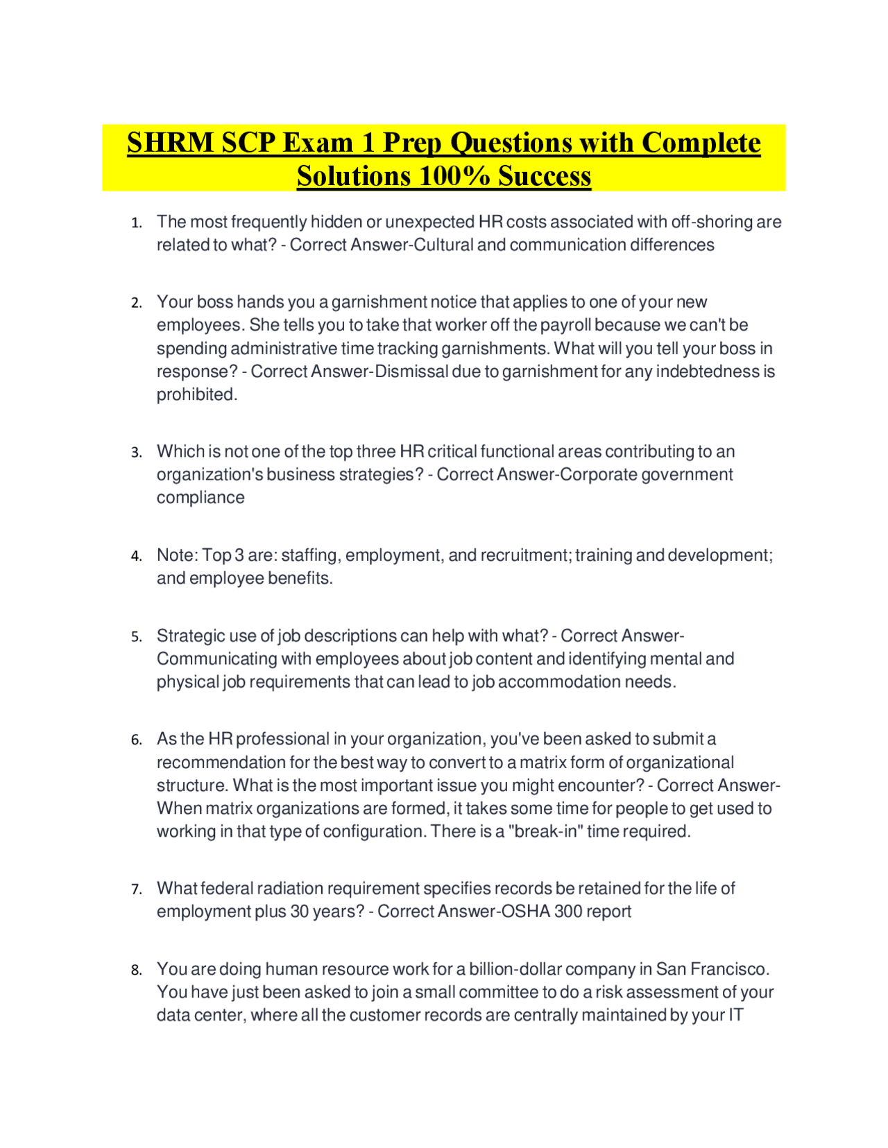 Scp Questions Sample SHRM SCP Exam 1 Prep Questions with Complete Solutions 100% Success ...