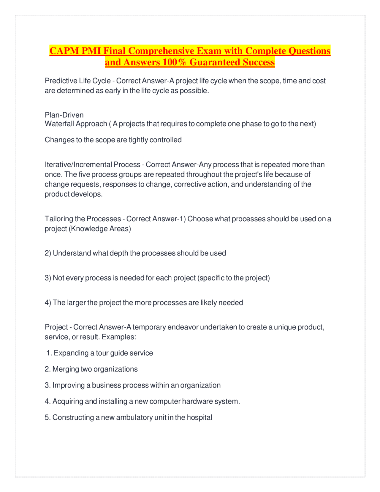 Project Management: Comprehensive Exam with Questions and Answers ...
