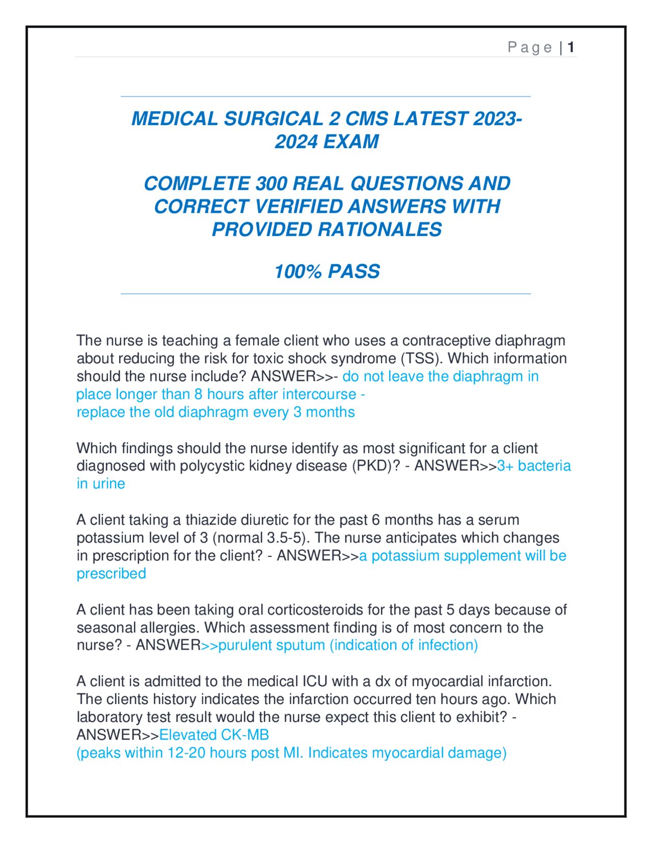 Medical Surgical 2 CMS Exam: 300 Real Questions & Answers | Exams ...