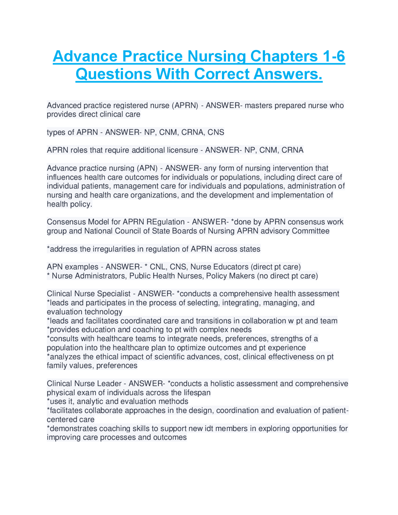 Advance Practice Nursing Chapters 1-6 Questions With Correct Answers ...