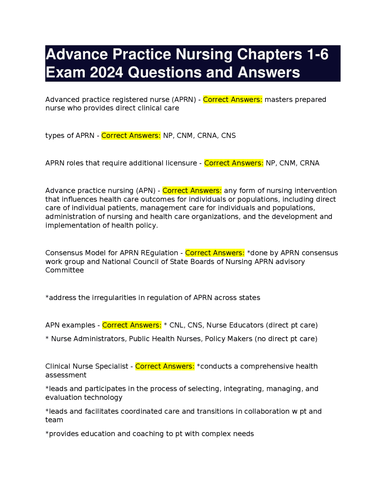 Advance Practice Nursing Chapters 1-6 Exam 2024 Questions and Answers ...
