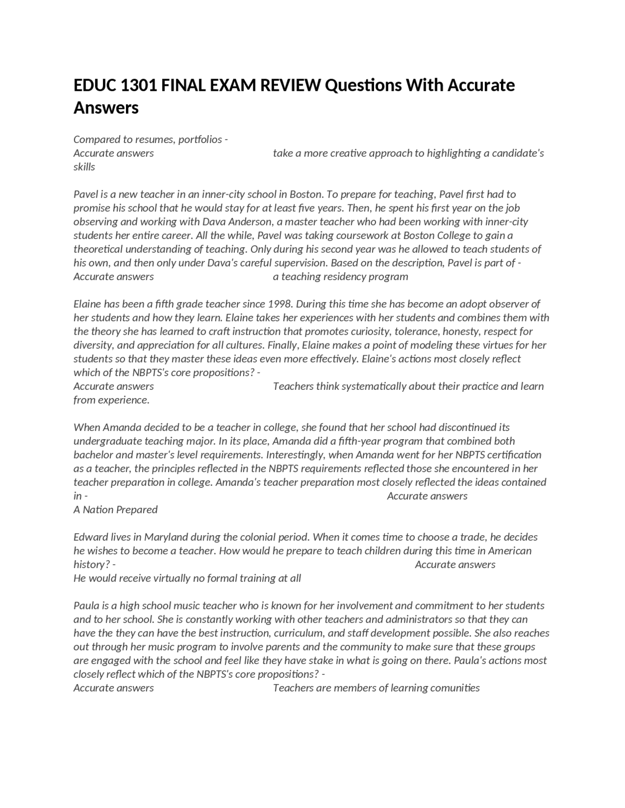 EDUC 1301 FINAL EXAM REVIEW Questions With Accurate Answers | Exams ...