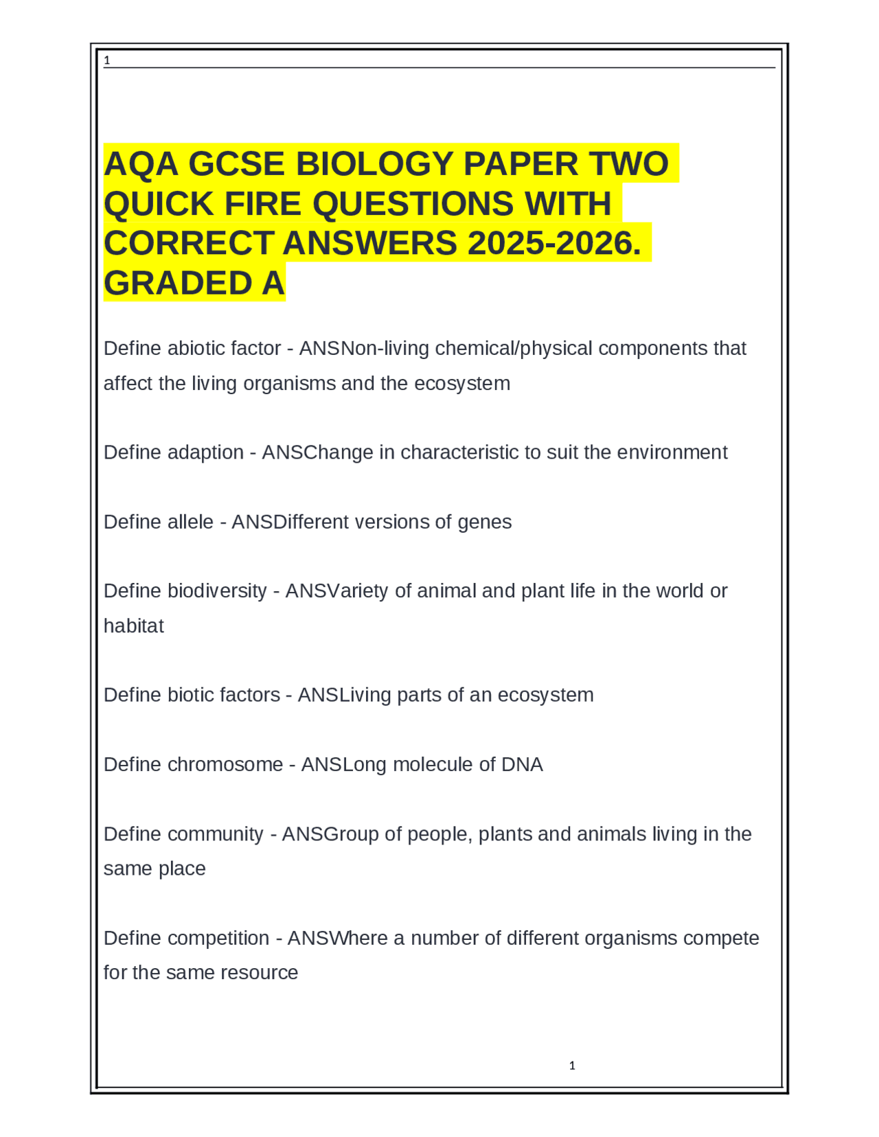 AQA GCSE Biology Paper Two Quick Fire Questions with Correct Answers ...