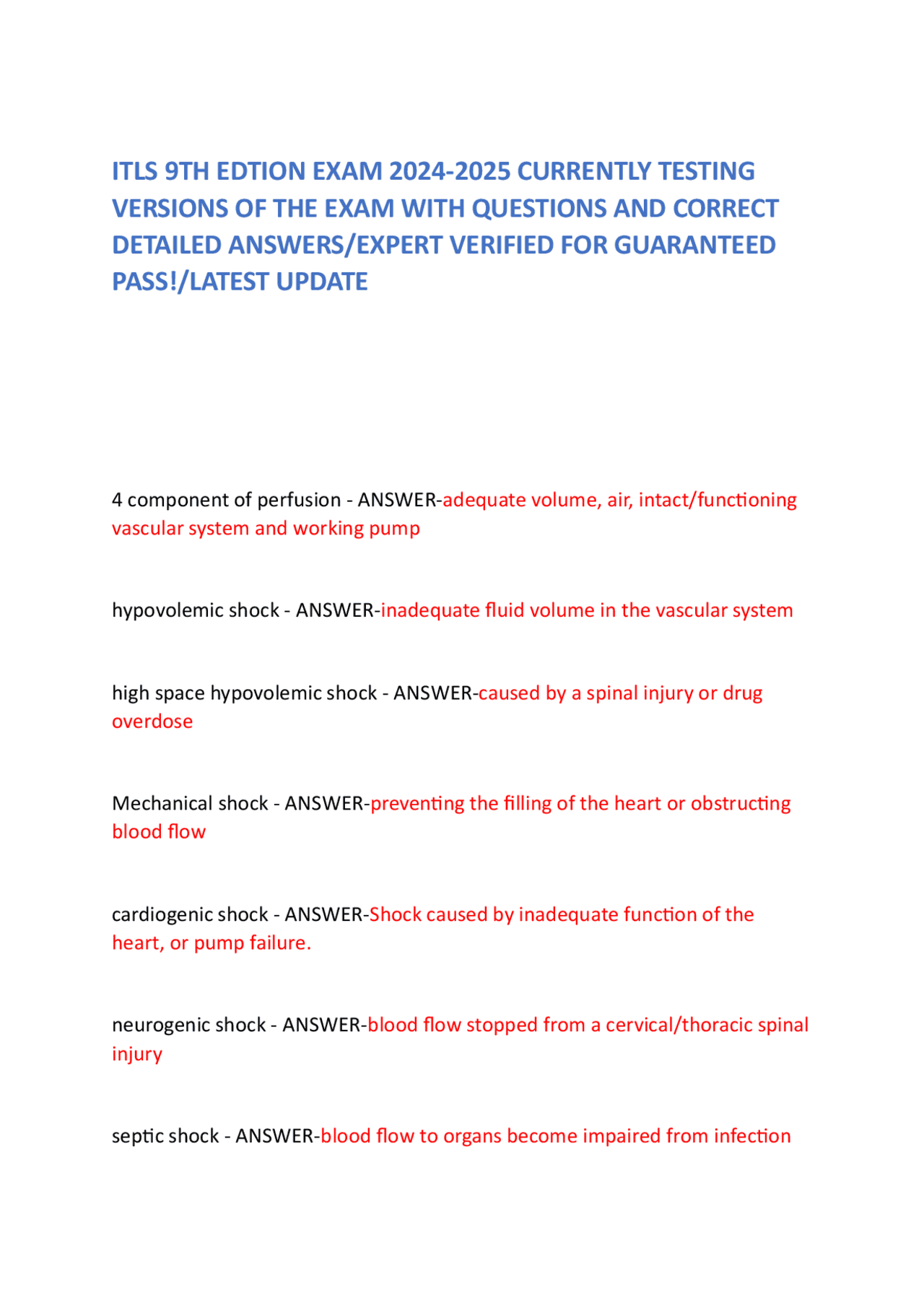 ITLS 9th Edition Exam 2024-2025: Questions and Answers for Trauma