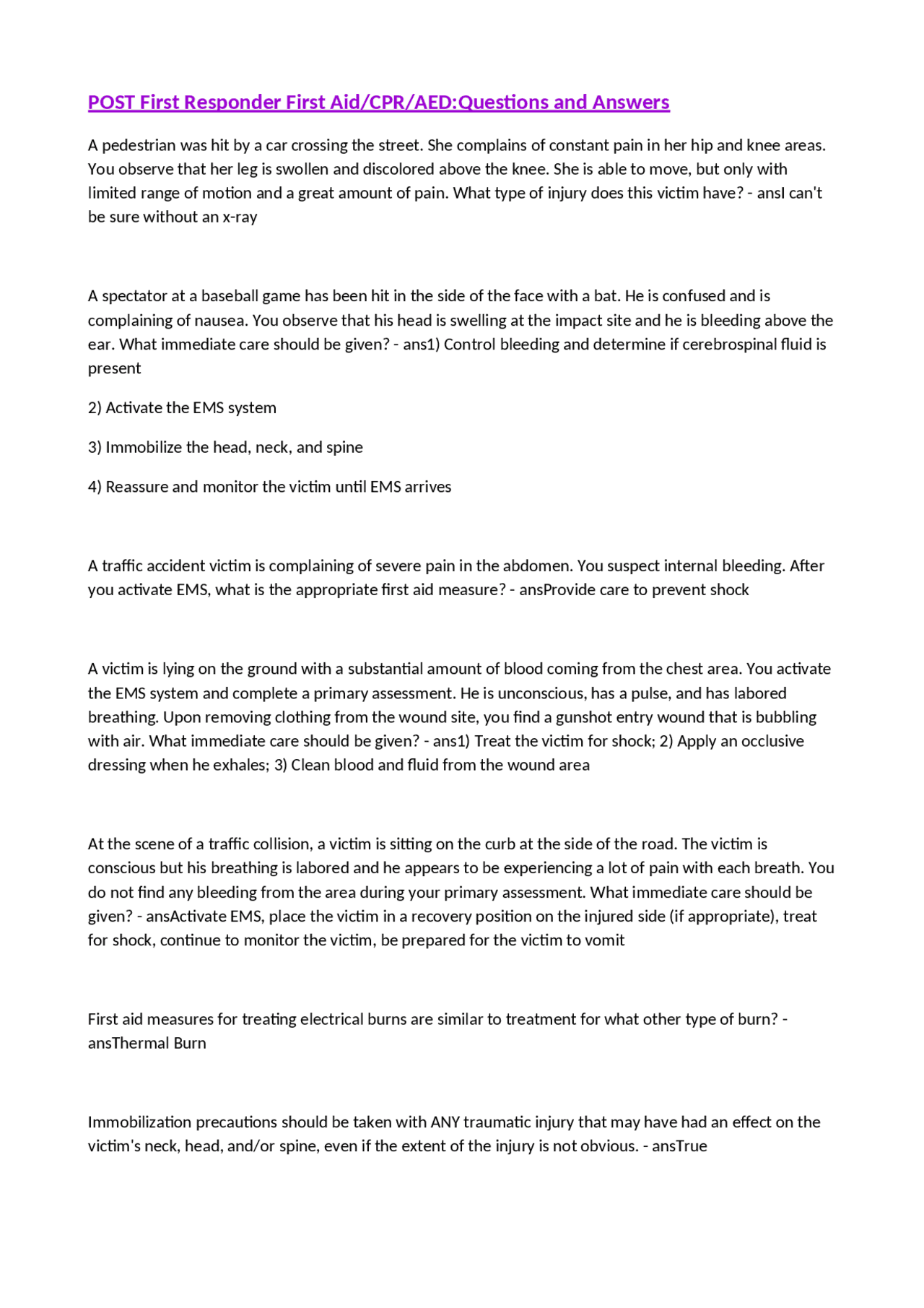 First AID CPR Exam Review Questions and Answers | Exercises Community ...