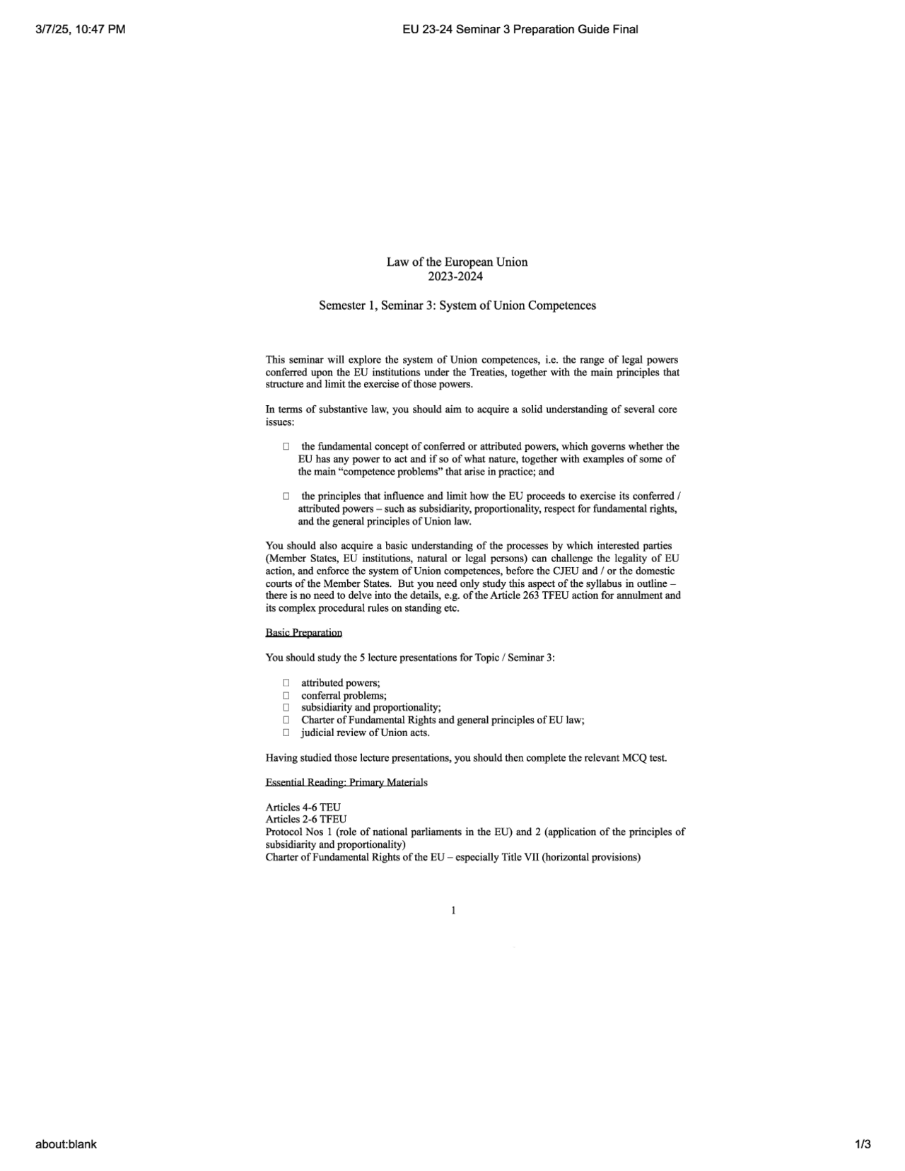 EU 23-24 Seminar 3 Preparation Guide Final | Study notes European Union ...