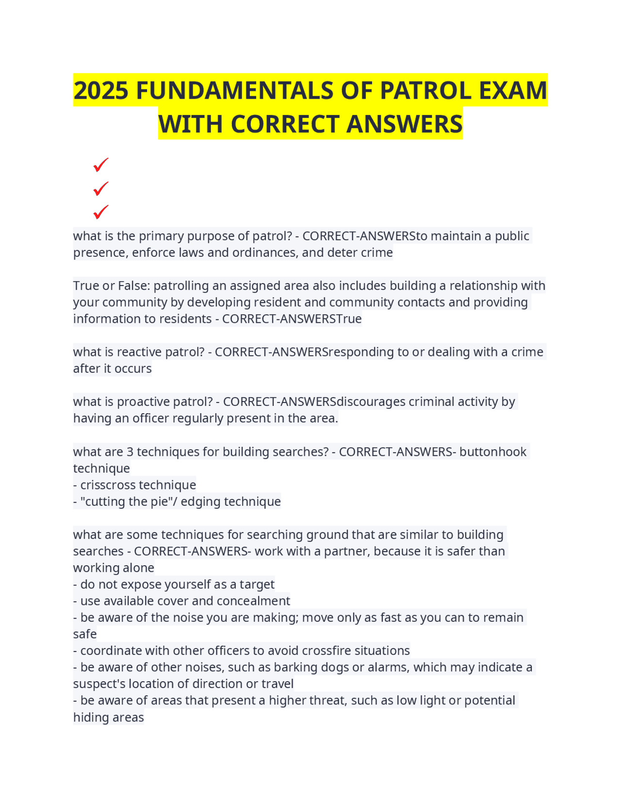 Fundamentals of Patrol Exam: Questions and Answers | Exams Advanced Education | Docsity