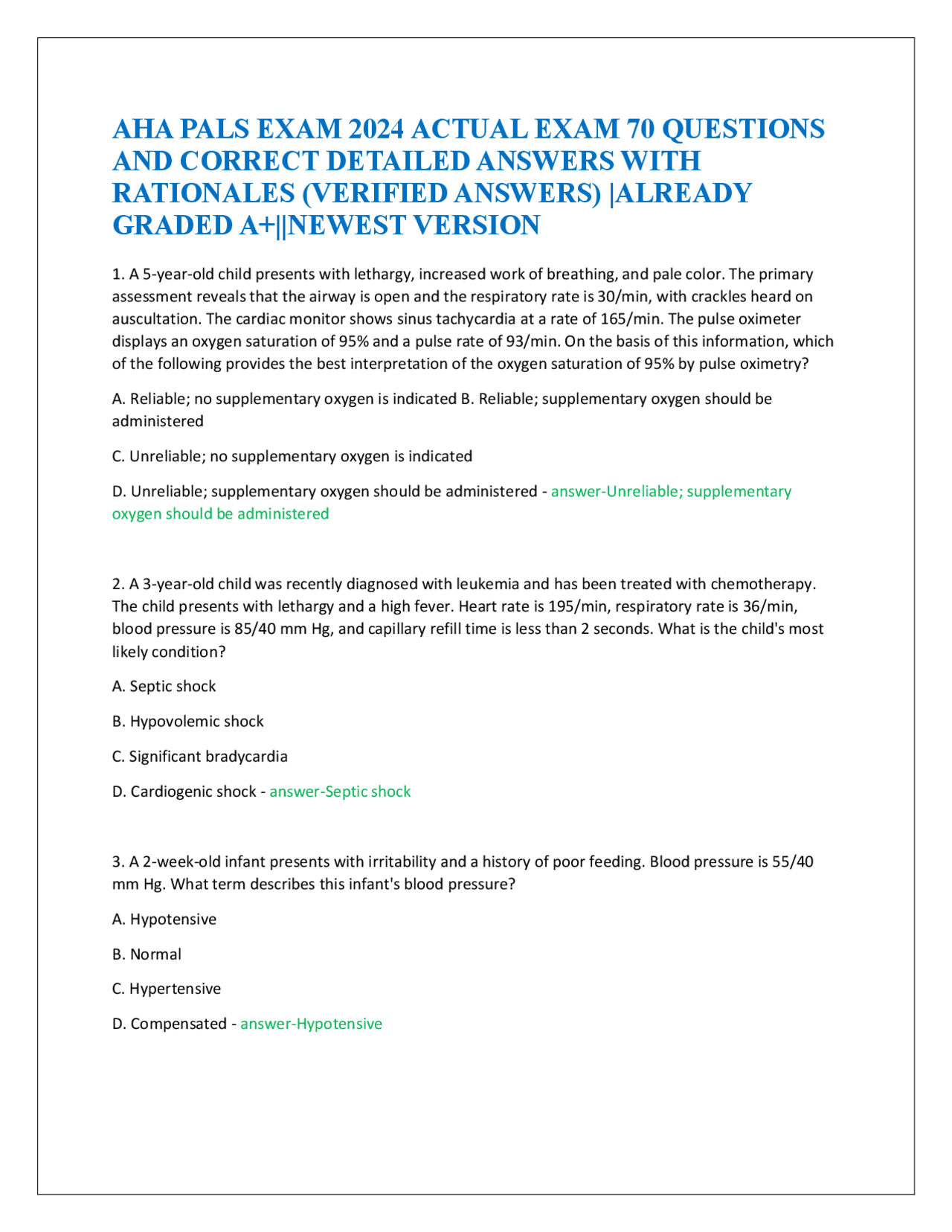 Aha Pals Exam 2024 Actual Exam 70 Questions And Correct Detailed Answers With Rationales Exams Aha Pals Exam 2024 Actual Exam 70 Questions And Correct Detailed Answers With Rationales Exams