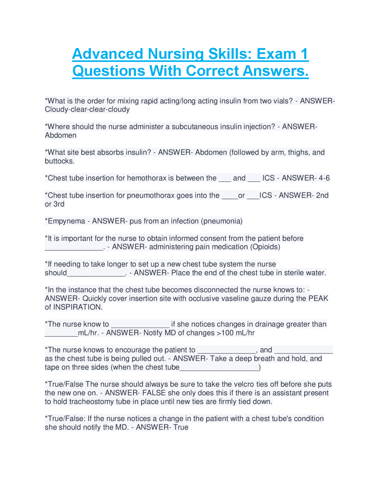 Advanced Nursing Skills Exam 1 Questions With Correct Answers. (1) (2 ...