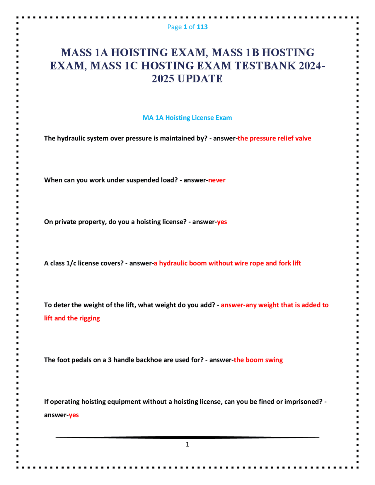 MASS 1A, 1B, 1C Hoisting Exam Testbank: 2024-2025 Update | Exams Nursing | Docsity