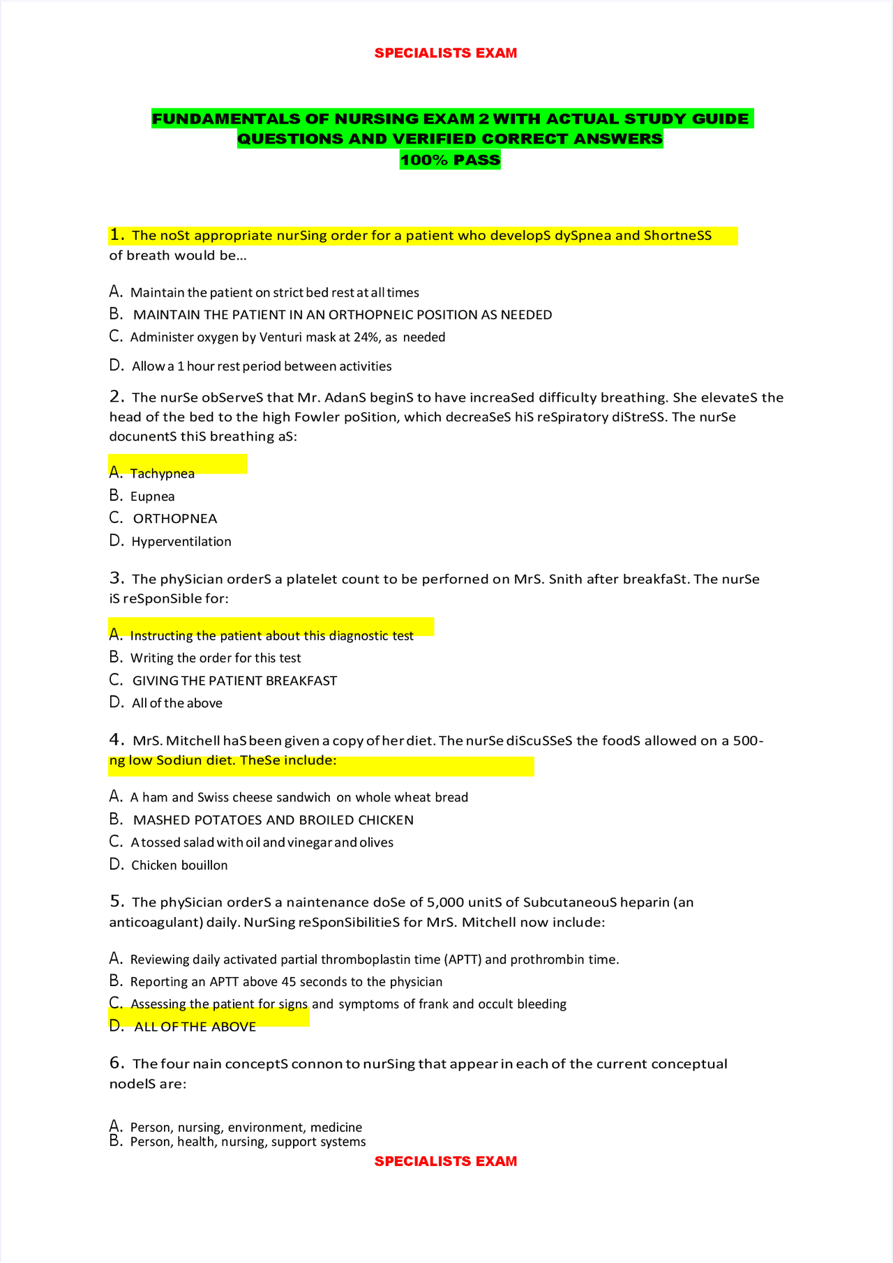 Fundamentals of Nursing Exam 2: Practice Questions and Answers | Exams ...