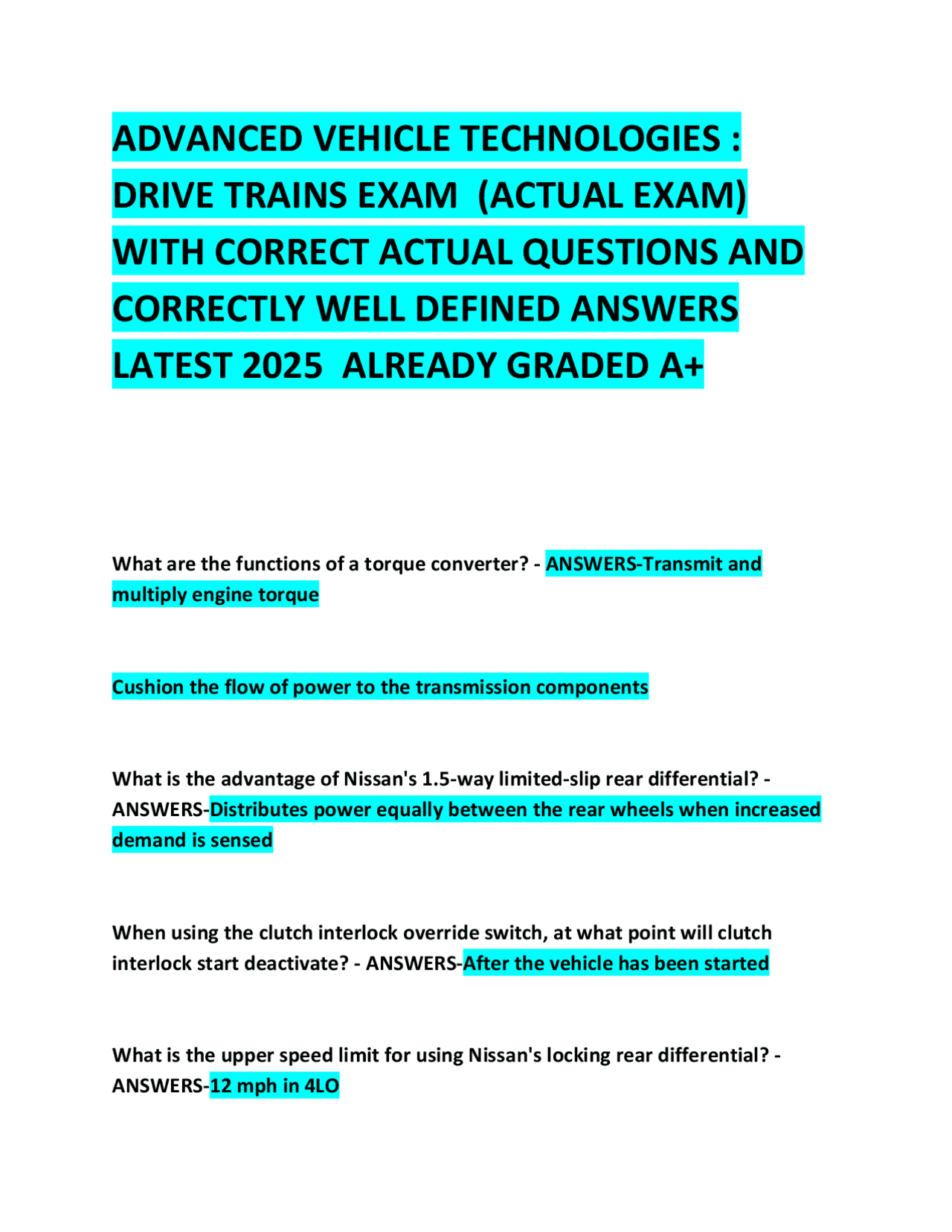 ADVANCED VEHICLE TECHNOLOGIES : DRIVE TRAINS WITH CORRECT QUESTIONS AND ...