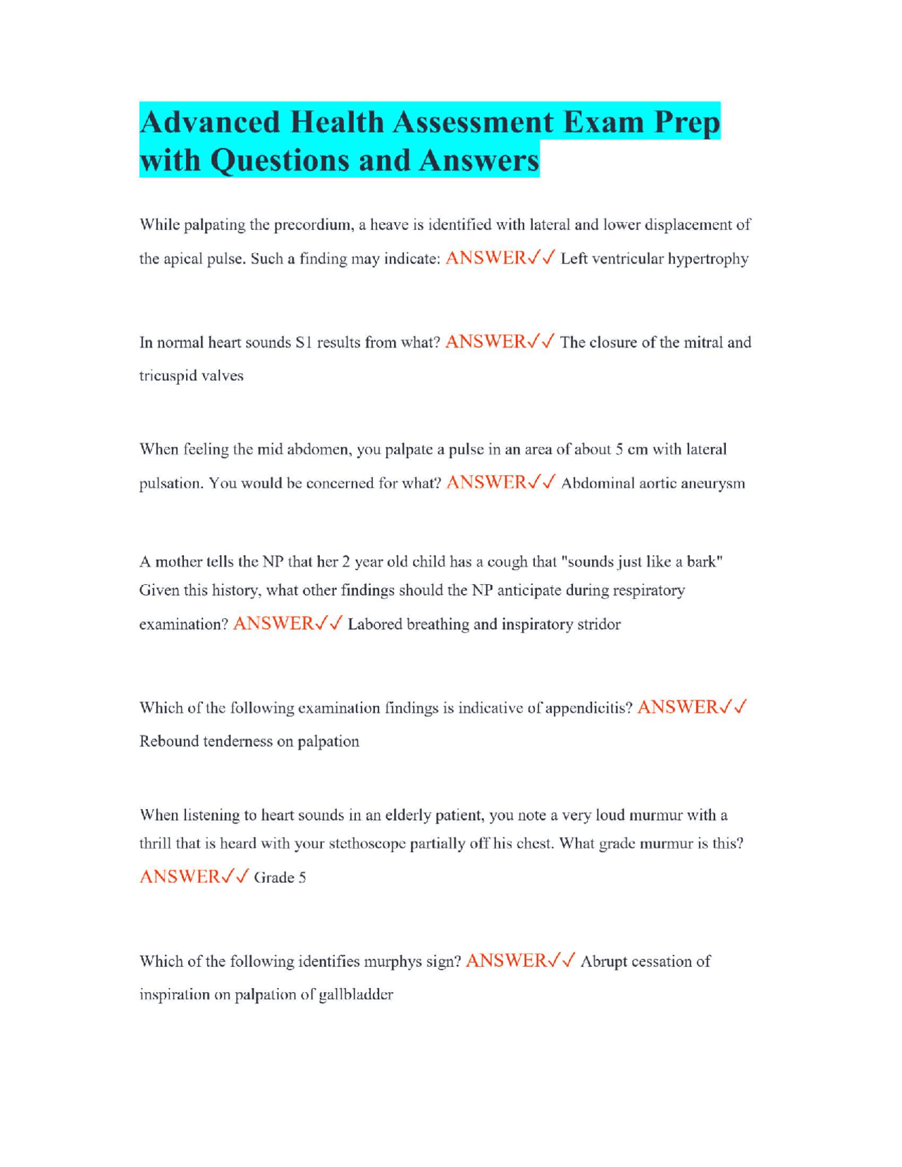Advanced Health Assessment Exam Prep with Questions and Answers | Exams ...