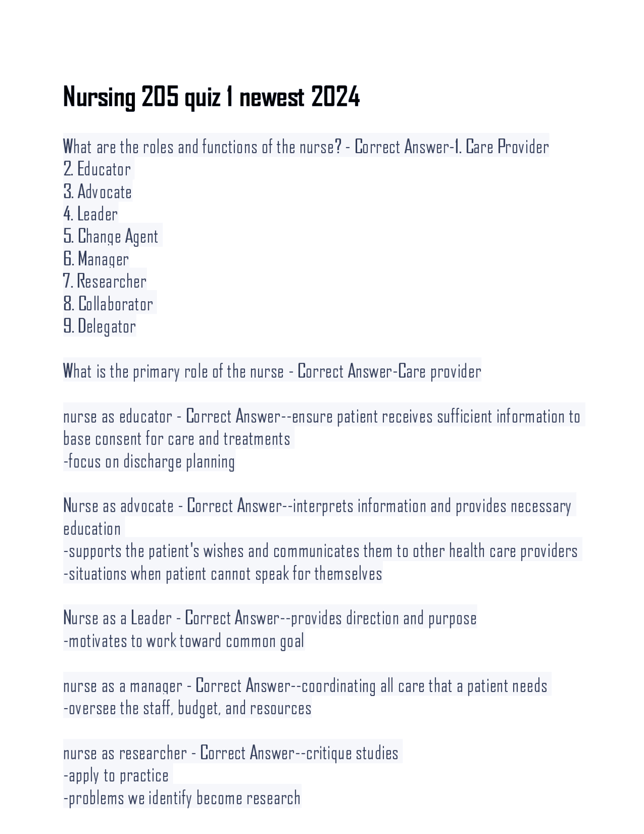 Nursing 205 Quiz 1: Roles, Functions, and Key Concepts in Nursing ...
