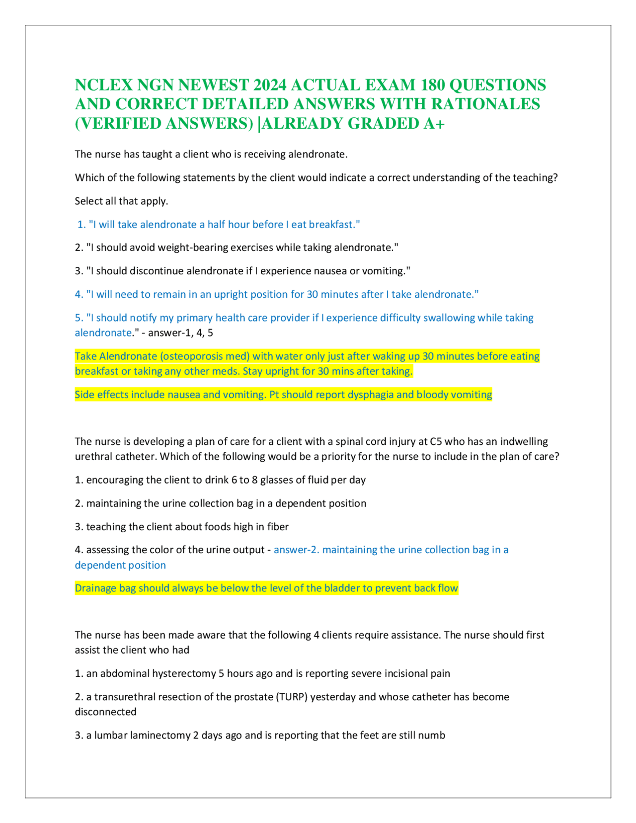 NCLEX NGN NEWEST 2024 ACTUAL EXAM 180 QUESTIONS AND CORRECT DETAILED ...