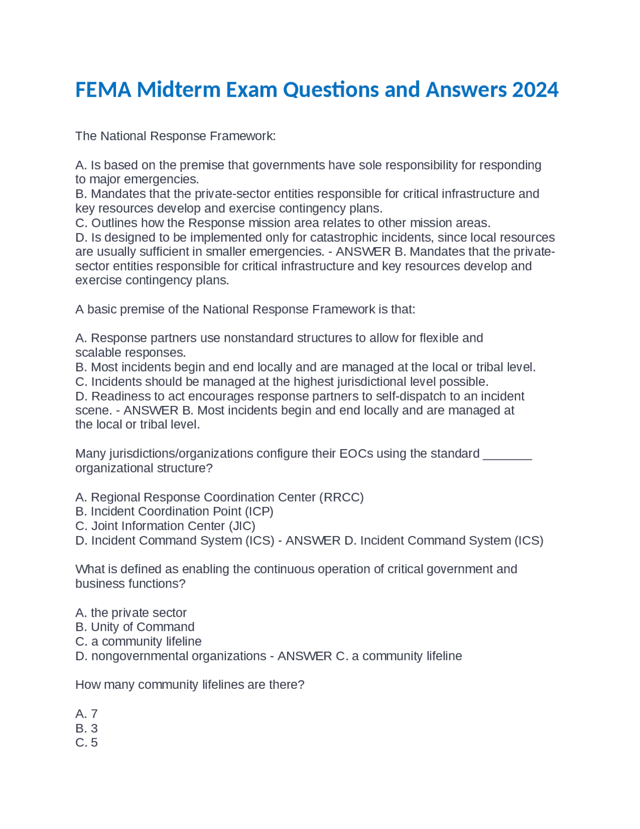FEMA Midterm Exam: Questions & Answers 2024 | Exams Nursing | Docsity