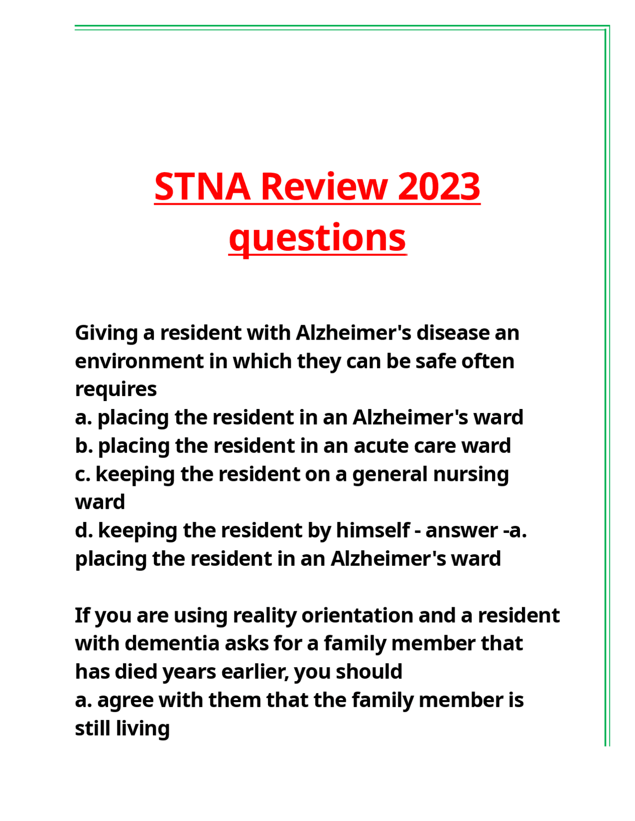STNA Review 2023 questions.docx | Exams Nursing | Docsity
