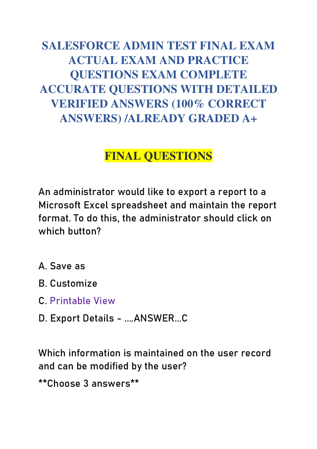 SALESFORCE ADMIN TEST FINAL EXAM ACTUAL EXAM AND PRACTICE QUESTIONS ...