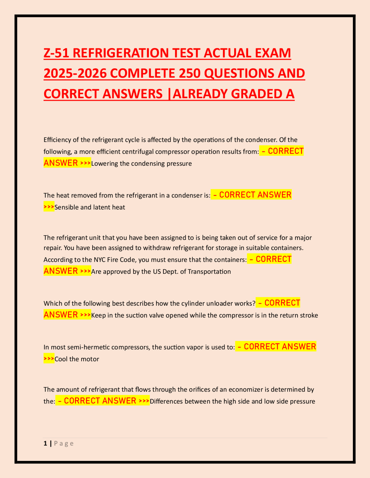 Z-51 REFRIGERATION TEST ACTUAL EXAM 2025-2026 COMPLETE 250 QUESTIONS ...