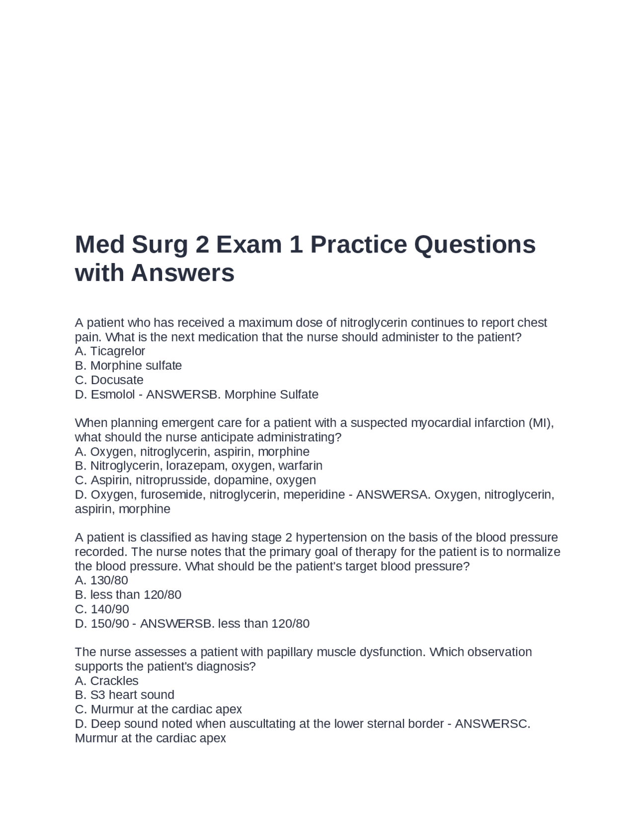 Med Surg 2 Exam 1 Practice Questions with Answers: Cardiovascular ...