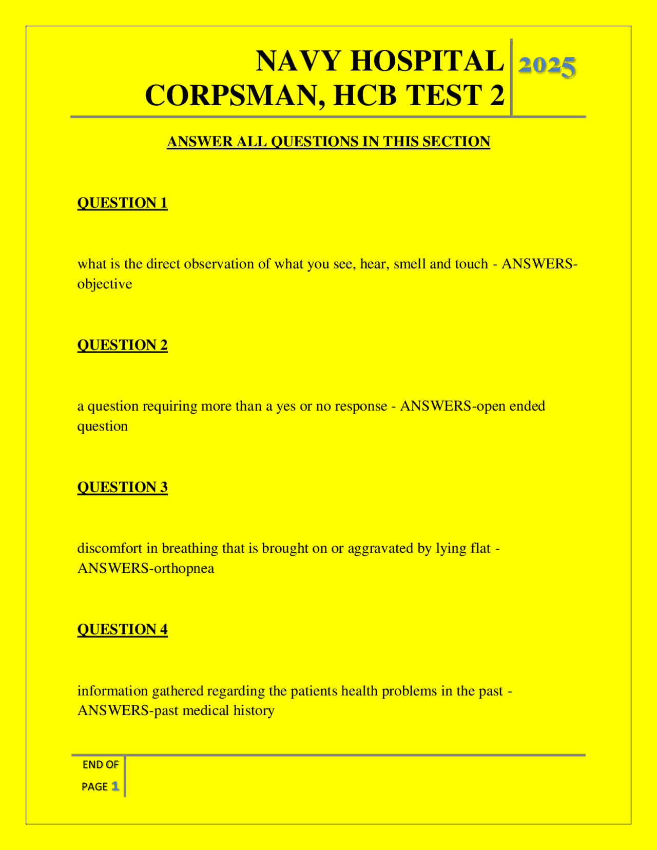 NAVY HOSPITAL CORPSMAN, HCB TEST 2 QUESTIONS AND ANSWERS 2025 | Exams ...