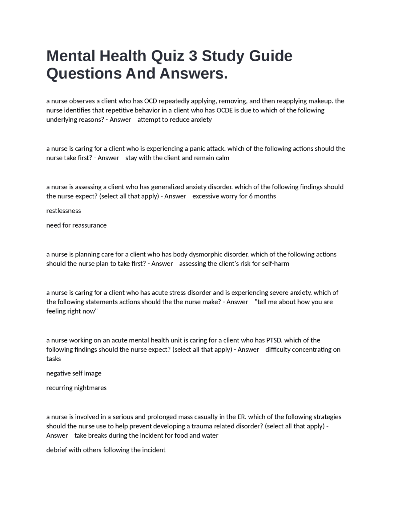 Mental Health Quiz 3 Study Guide: Questions and Answers | Exams Nursing ...
