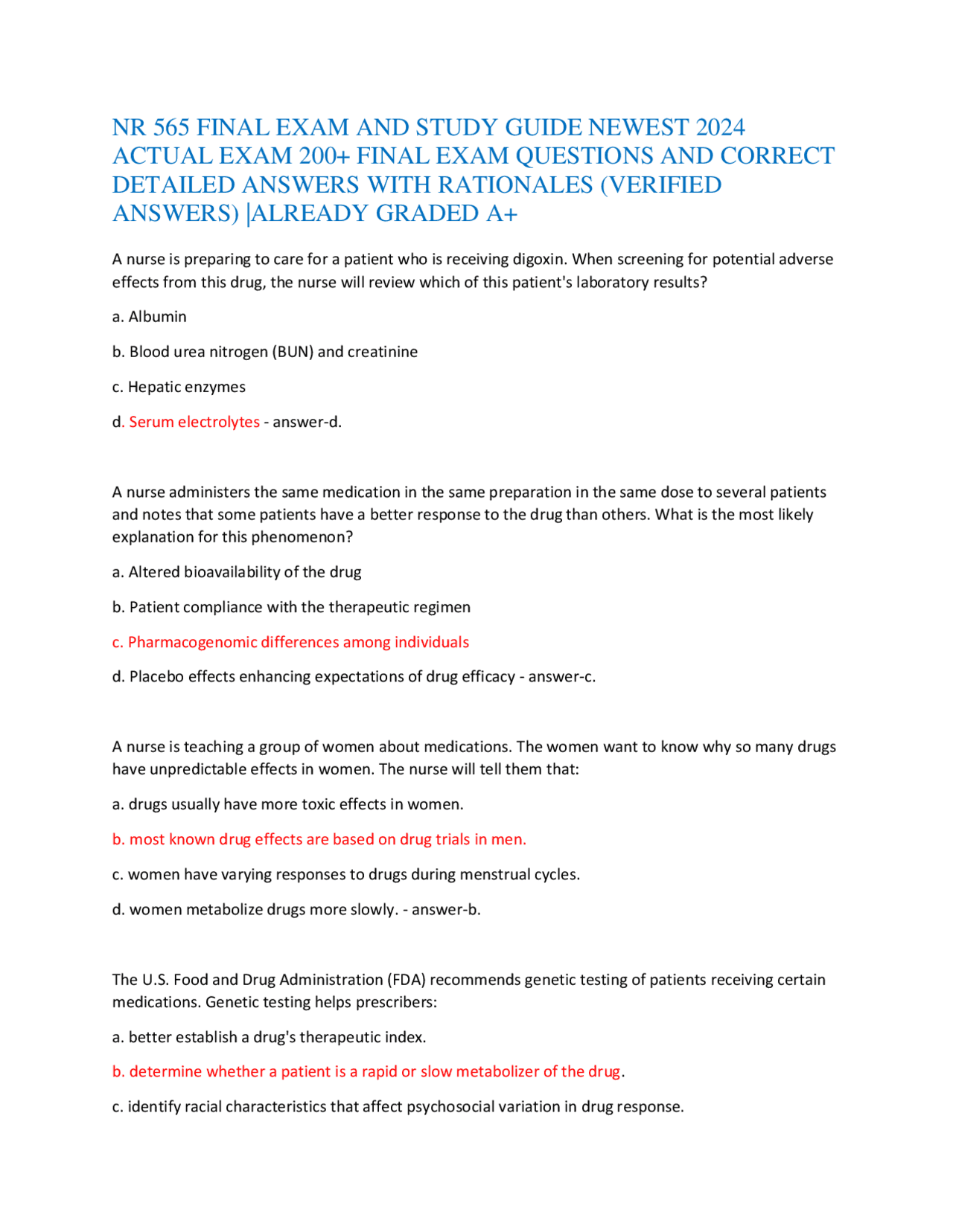 NR 565 Final Exam and Study Guide: Pharmacology for Nurses | Exams ...