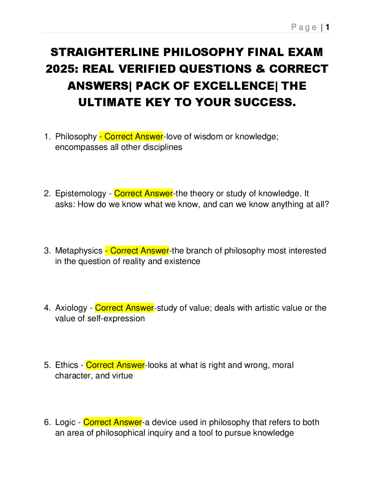 STRAIGHTERLINE PHILOSOPHY FINAL EXAM 2025: REAL VERIFIED QUESTIONS ...