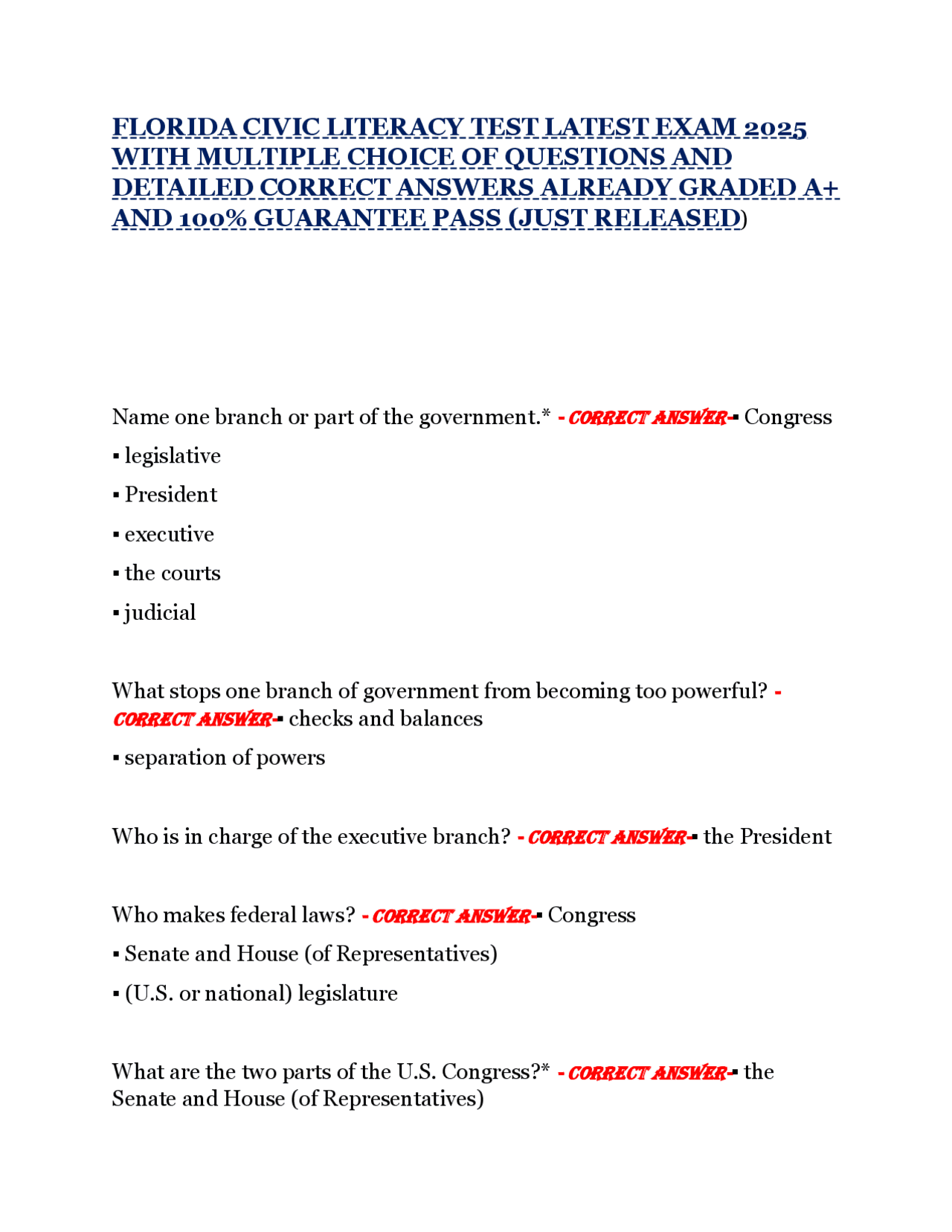 FLORIDA CIVIC LITERACY TEST LATEST EXAM 2025 | Exams Nursing | Docsity