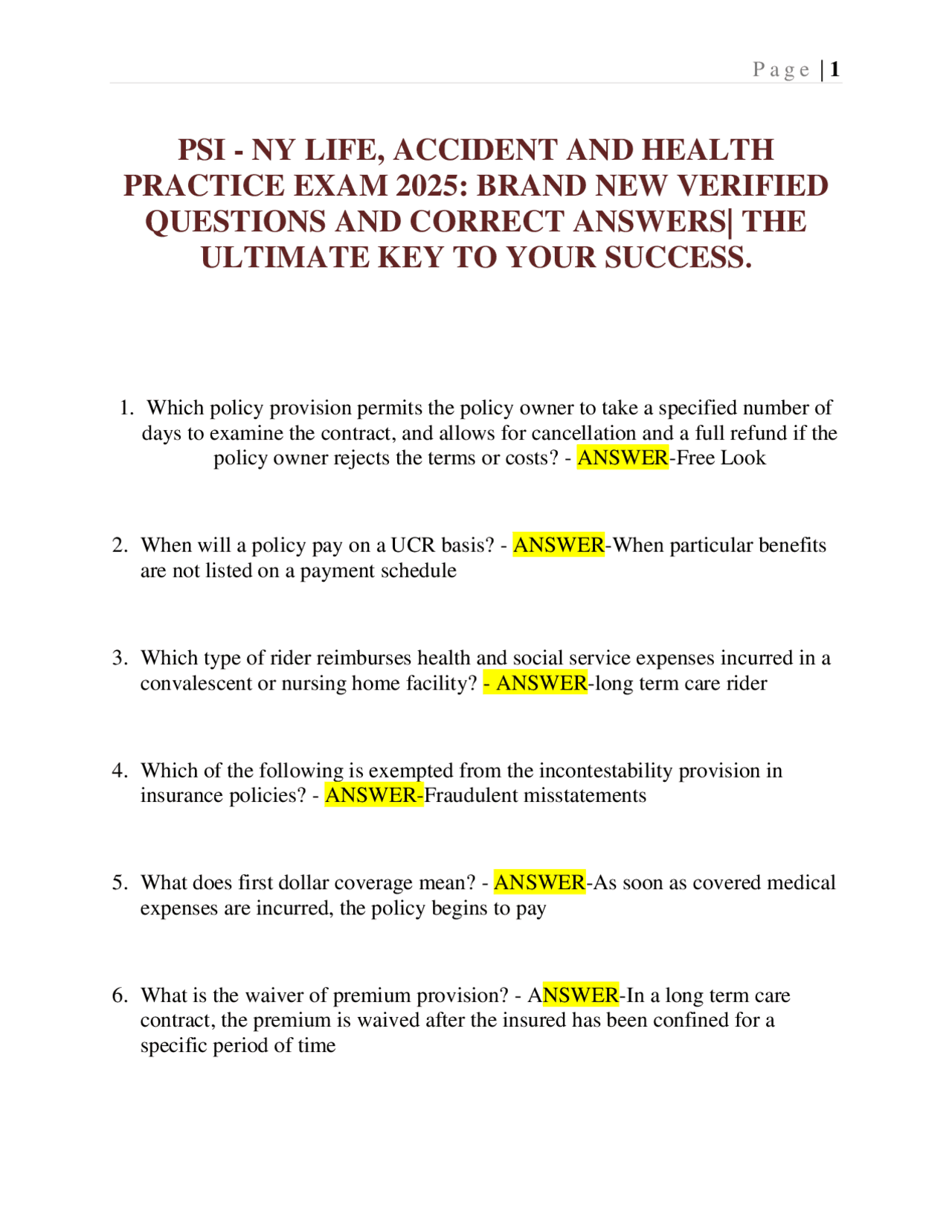 Psi Ny Life Accident And Health Practice Exam 2025 Brand New