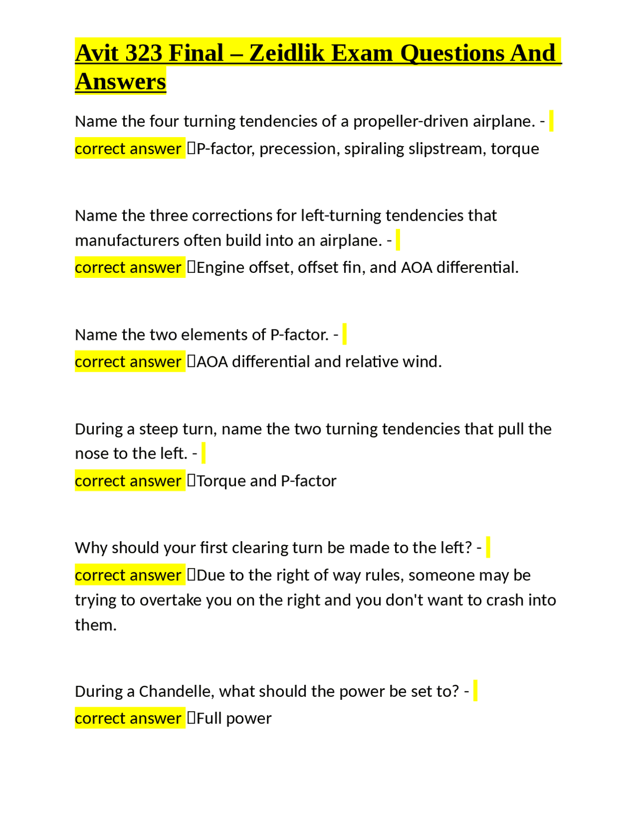 Avit 323 Final Exam Questions and Answers: Turning Tendencies, Stall ...