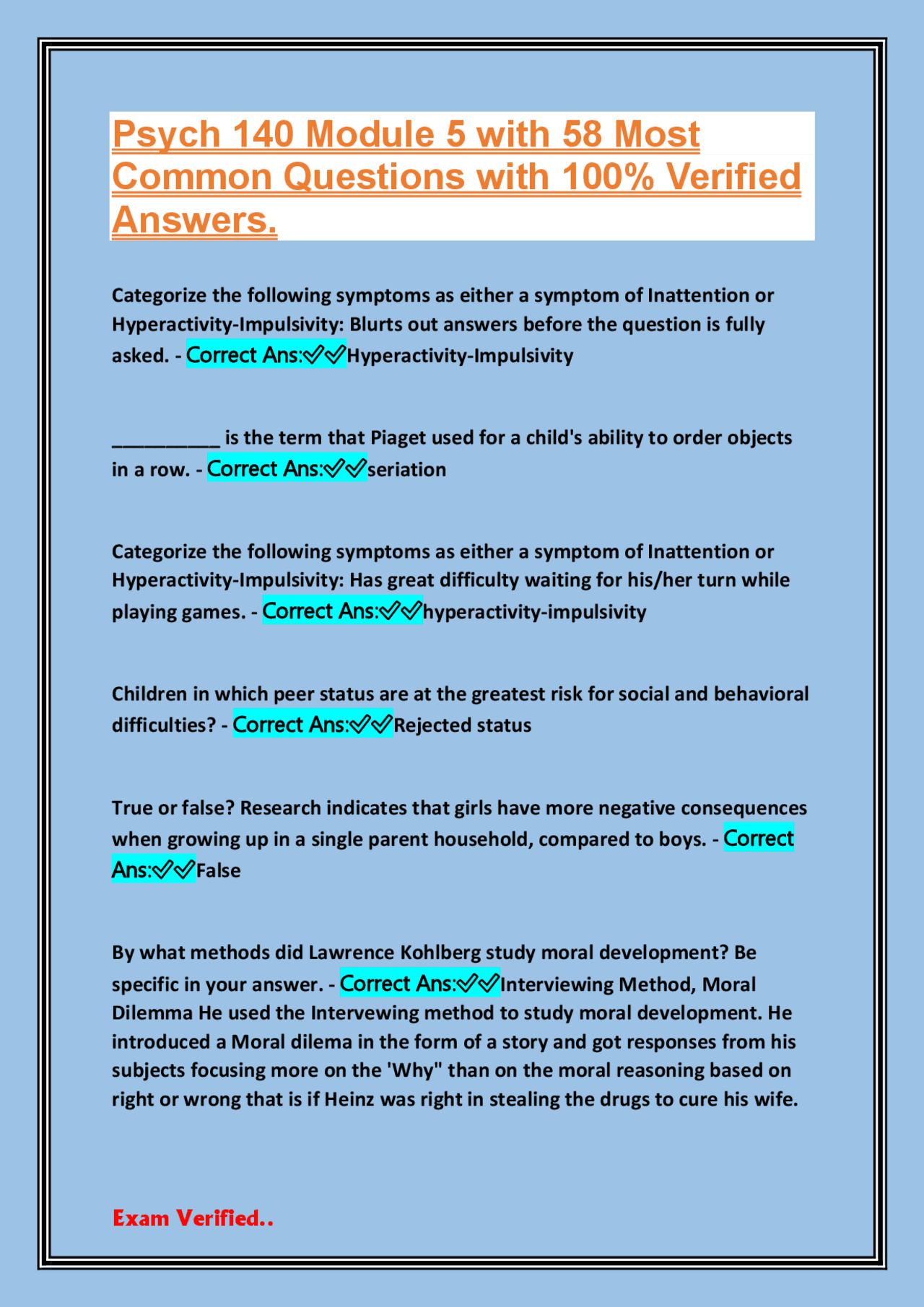 Psych 140 Module 5 with 58 Most Common Questions with 100% Verified ...
