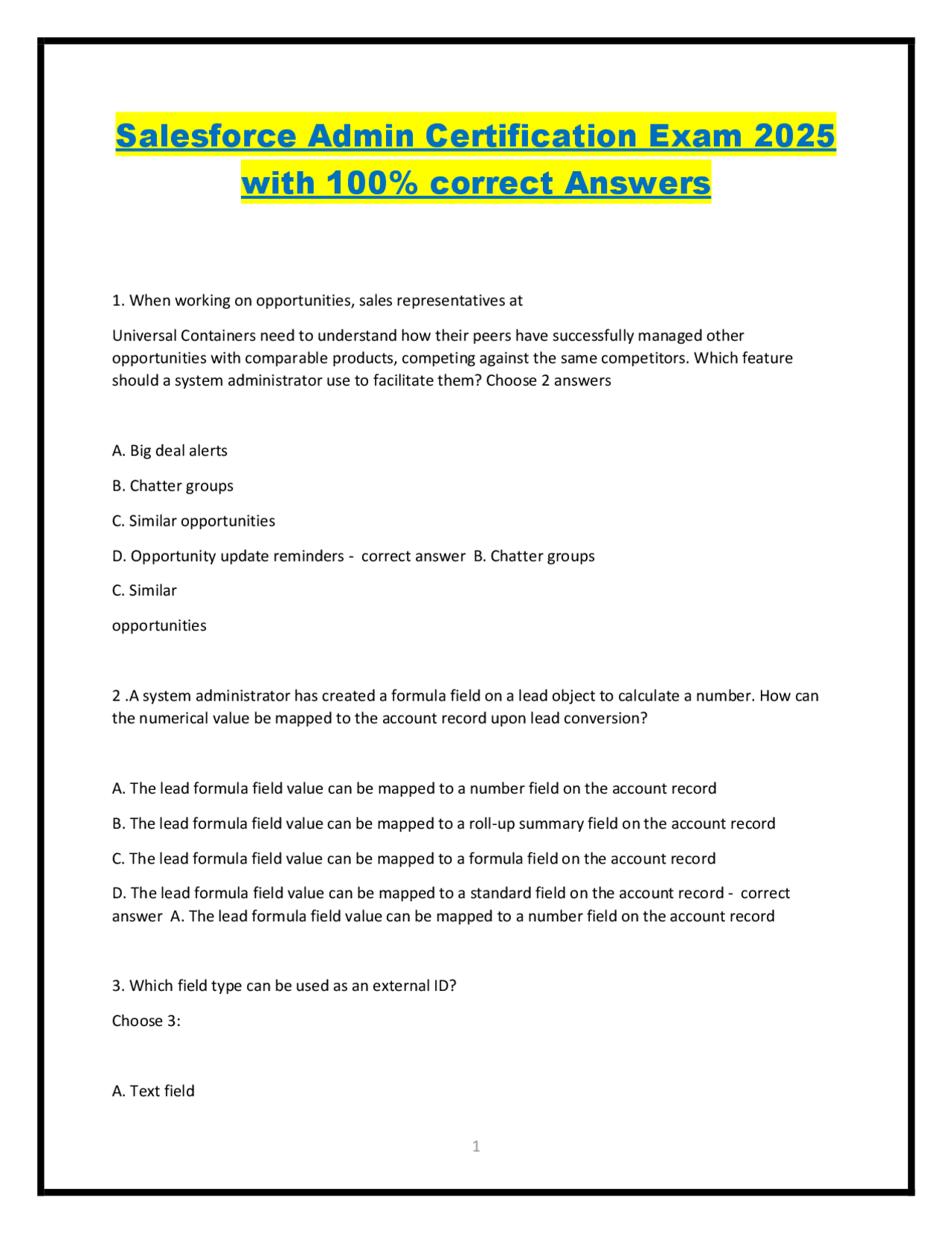 Salesforce Admin Certification Exam 2025 with 100% correct Answers ...