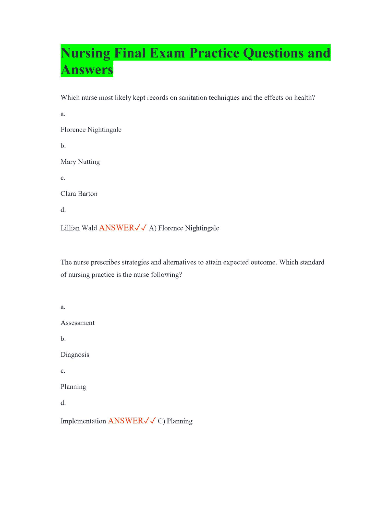 Nursing Final Exam Practice Questions and Answers | Exams Nursing | Docsity