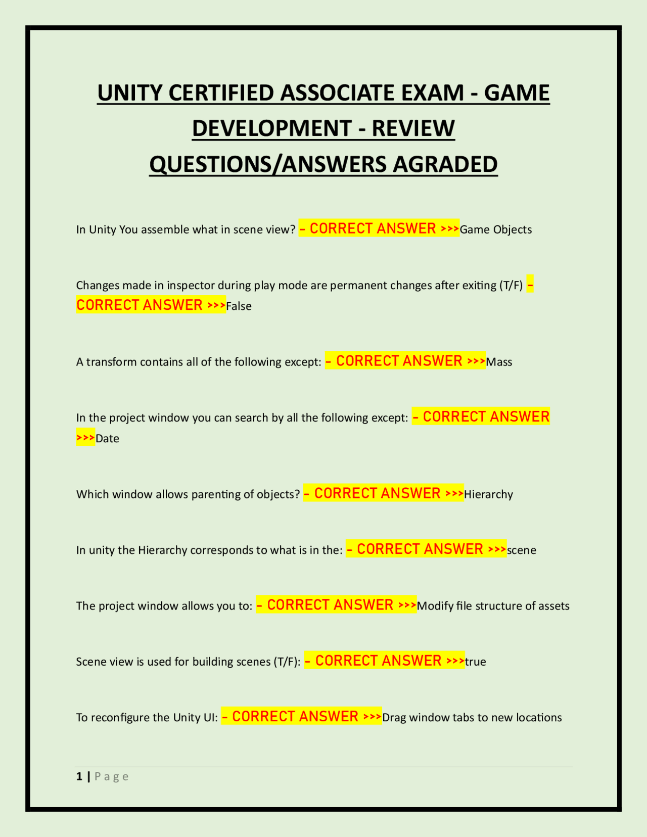 Unity Certified Associate Exam - Game Development - Review Questions ...