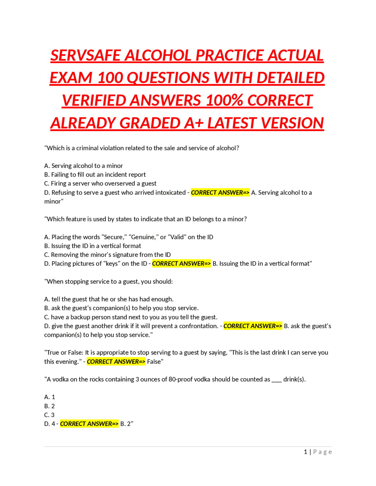 SERVSAFE ALCOHOL PRACTICE ACTUAL EXAM 100 QUESTIONS WITH DETAILED ...