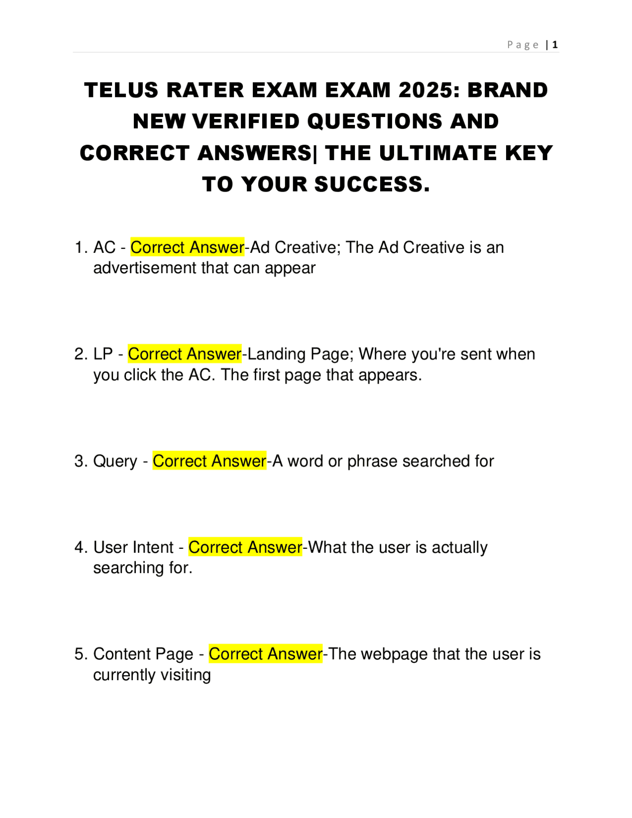 TELUS RATER EXAM EXAM 2025: BRAND NEW VERIFIED QUESTIONS AND CORRECT ANSWERS. | Exams Advanced ...