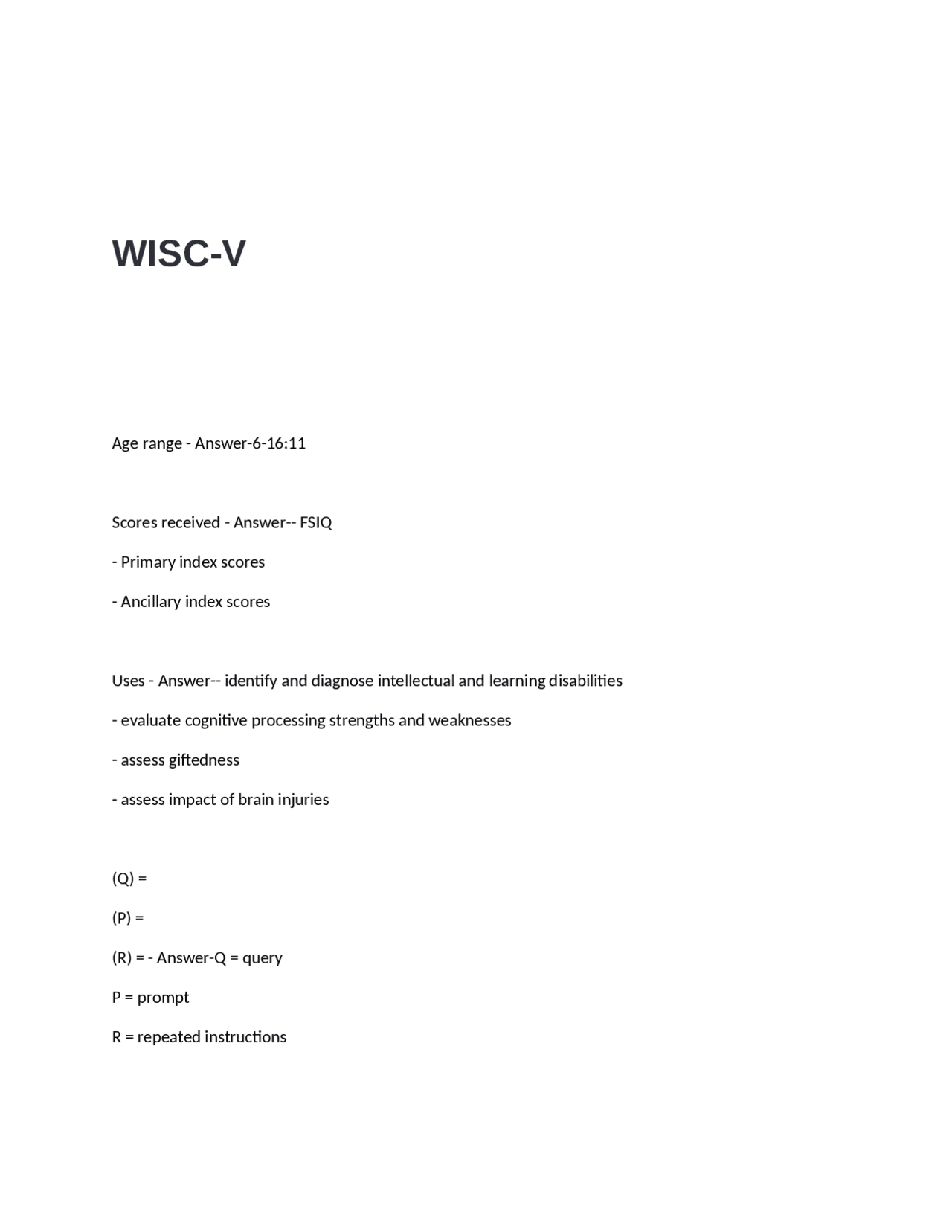 Wisc Questions WISC-V Exam Questions with 100% Correct Answers | Exams Nursing | Docsity