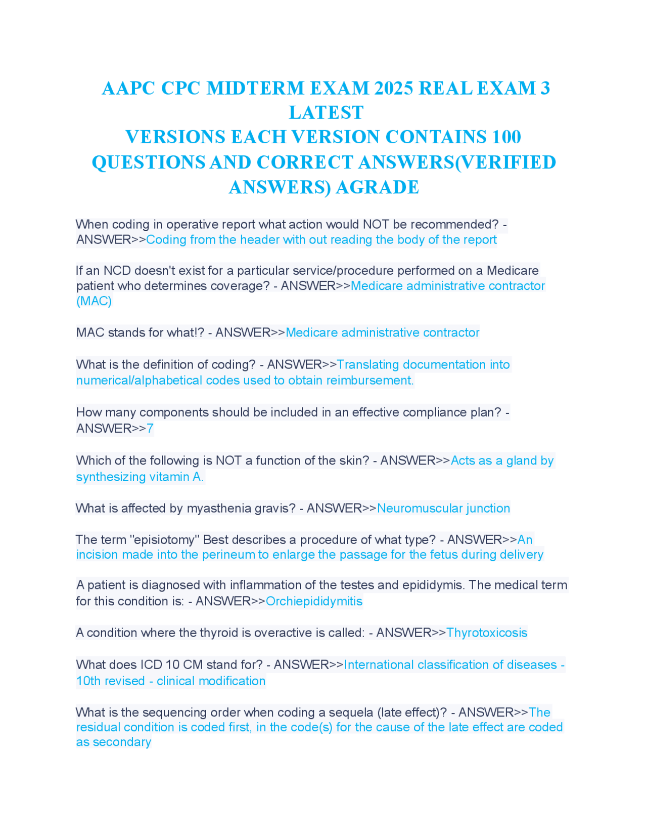 AAPC CPC MIDTERM EXAM 2025 REAL EXAM 3 LATEST VERSIONS EACH VERSION ...