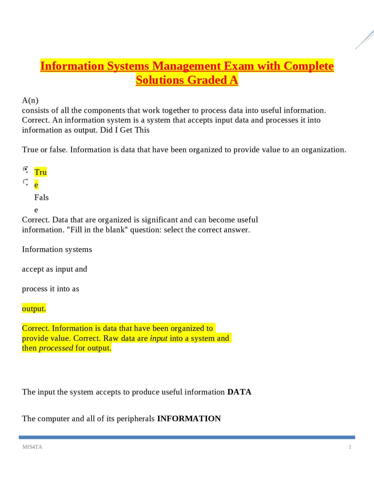 Management Information Systems and Business Functions: Exam with ...