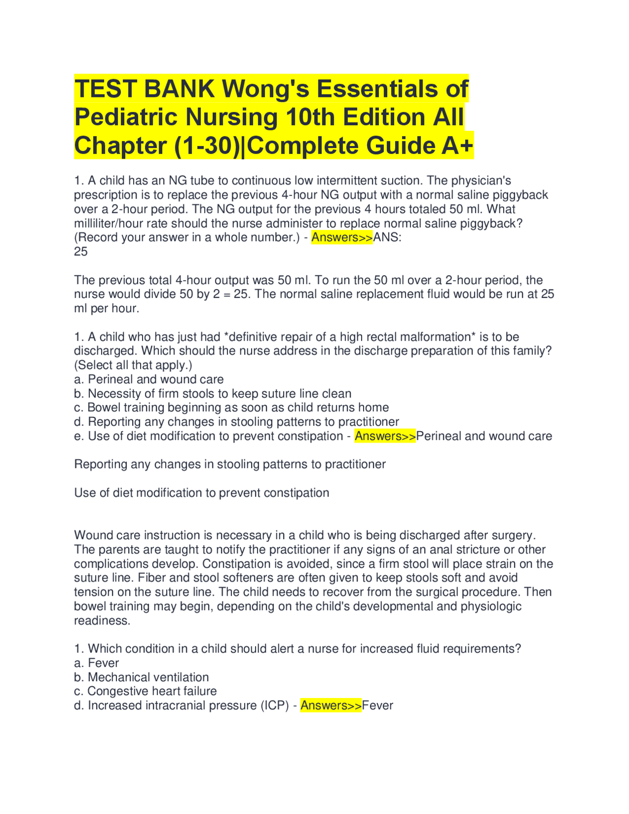 TEST BANK Wong's Essentials of Pediatric Nursing 10th Edition All ...